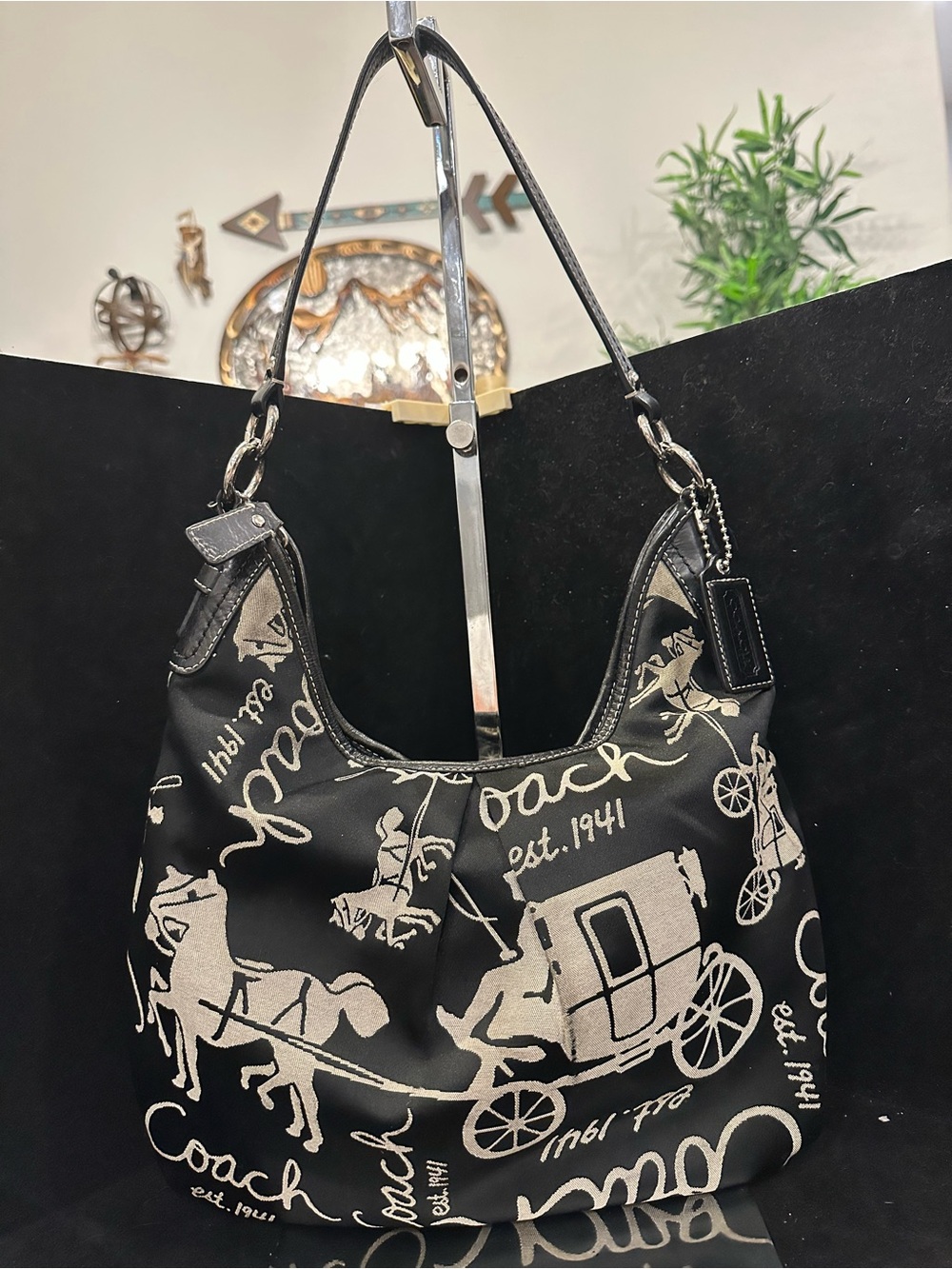 Coach  Sateen Black and Cream Signature Horse & Carriage Shoulder Bag